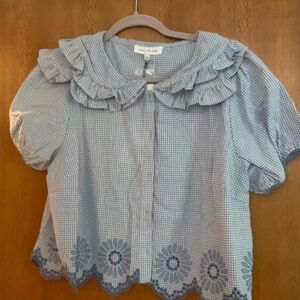 Anthropologie Blue Gingham Ruffle Blouse
